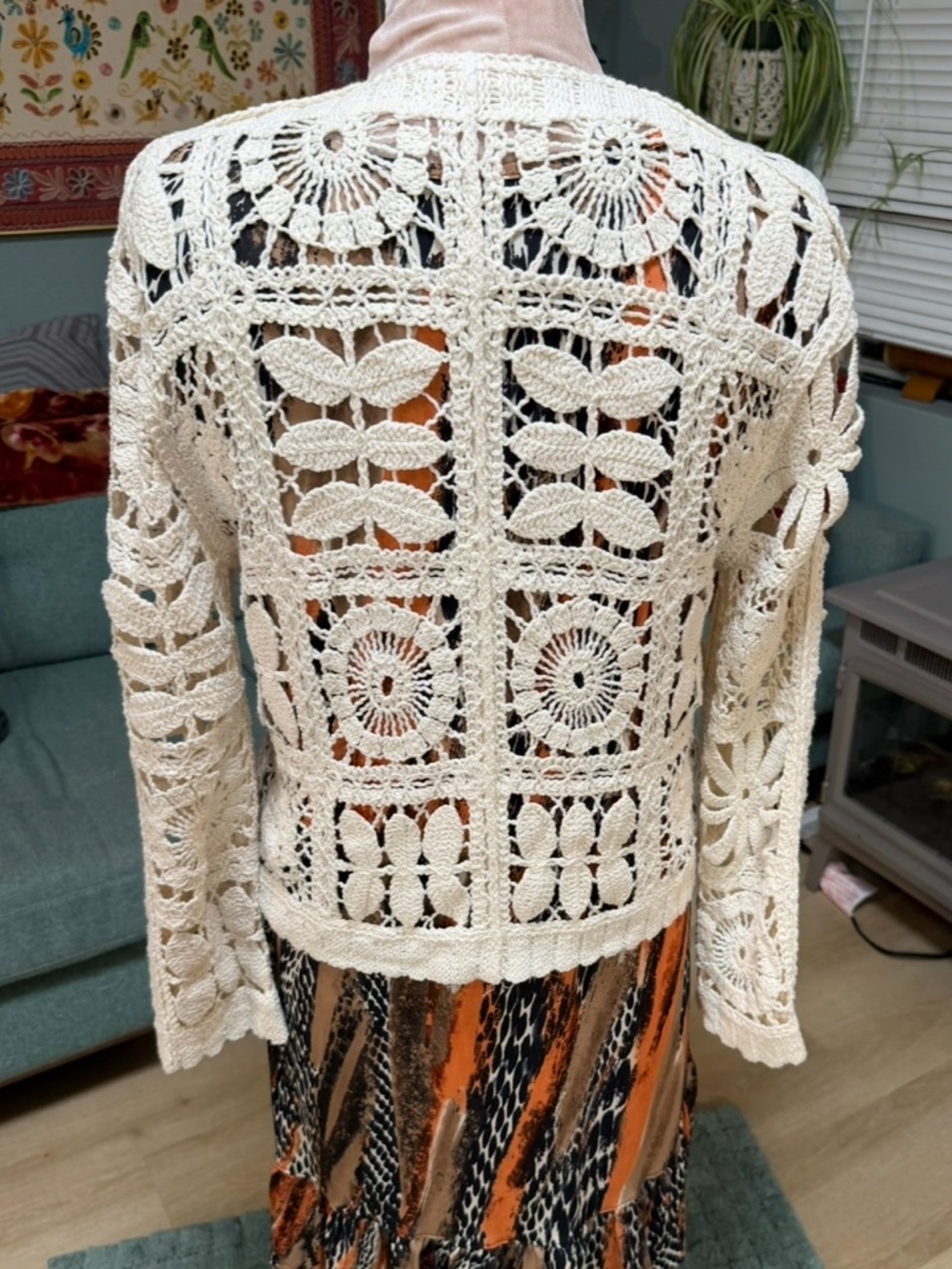 Solitaire Anthropologie Cream Crochet Granny Square Knit Cotton Cardigan S - Picture 2 of 10